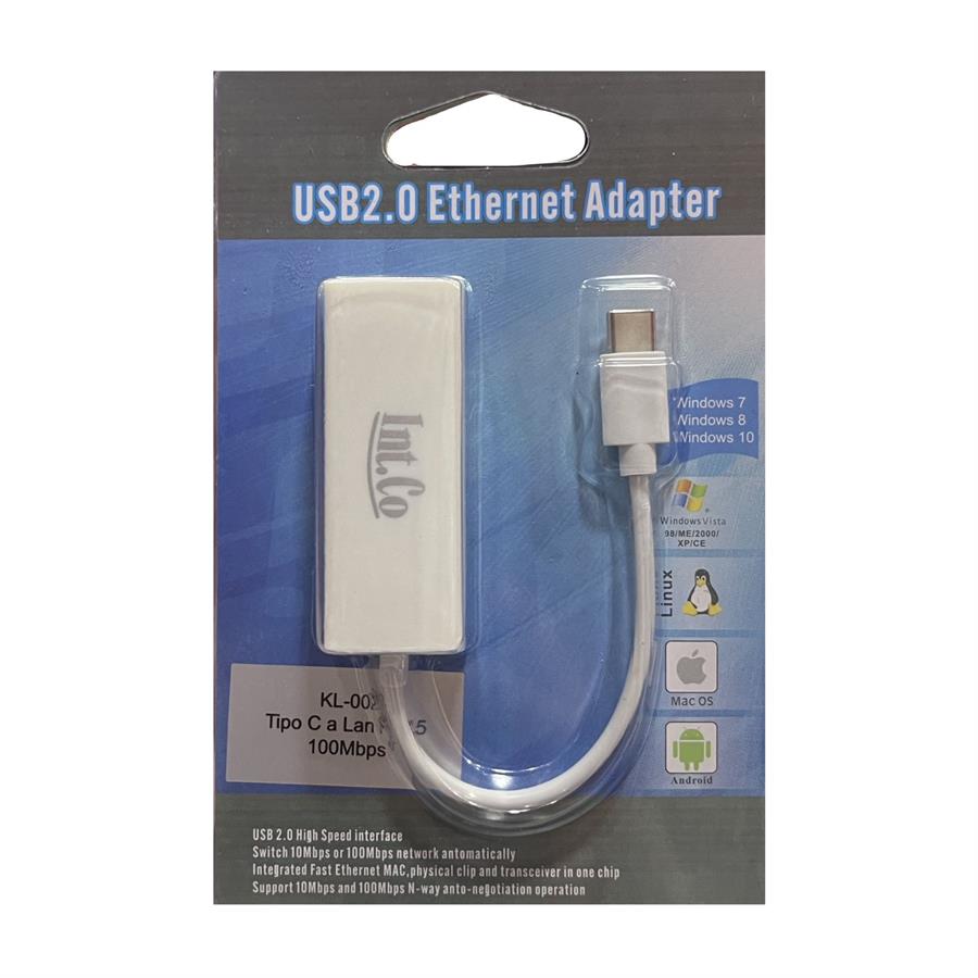 ADAPTADOR USB TIPO C 2.0 A LAN ETHERNET RJ45 100MBPS KL-002