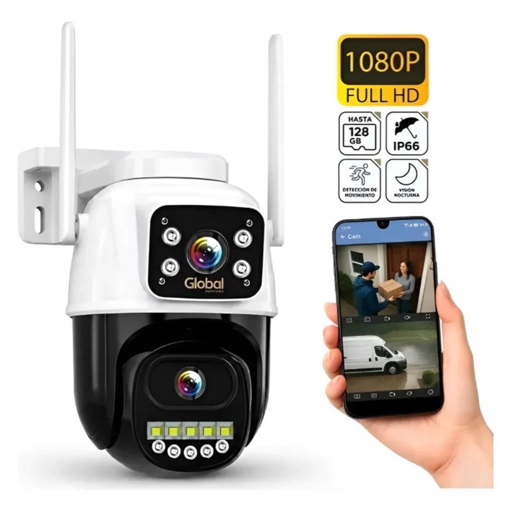 CAMARA DE SEGURIDAD EXTERIOR CON SOPORTE GLOBAL 1080P WI-FI DOBLE VISOR