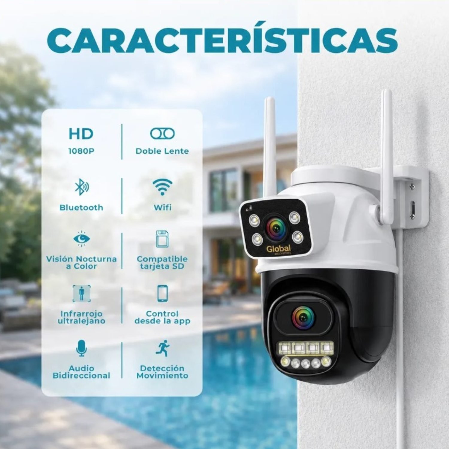 Camara de Seguridad Exterior Con Soporte Global 1080p Wi-Fi Doble Visor